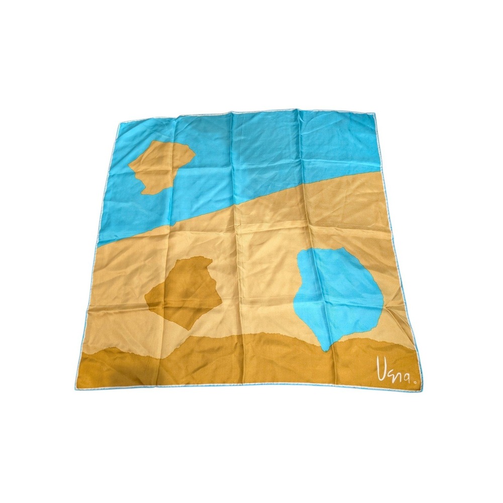 Vintage Vera Neumann Silk Scarf Abstract Blue Tan Hand Rolled Made in Japan 26in